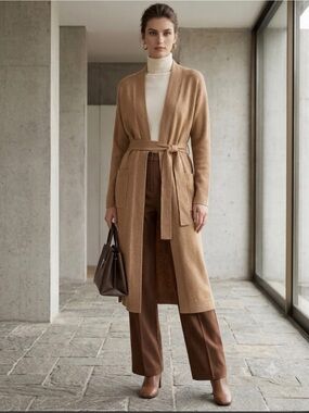 Wilfred Merino Wool Long Lagenlook Old Money Camel Belted Slit Hem Cardigan XS